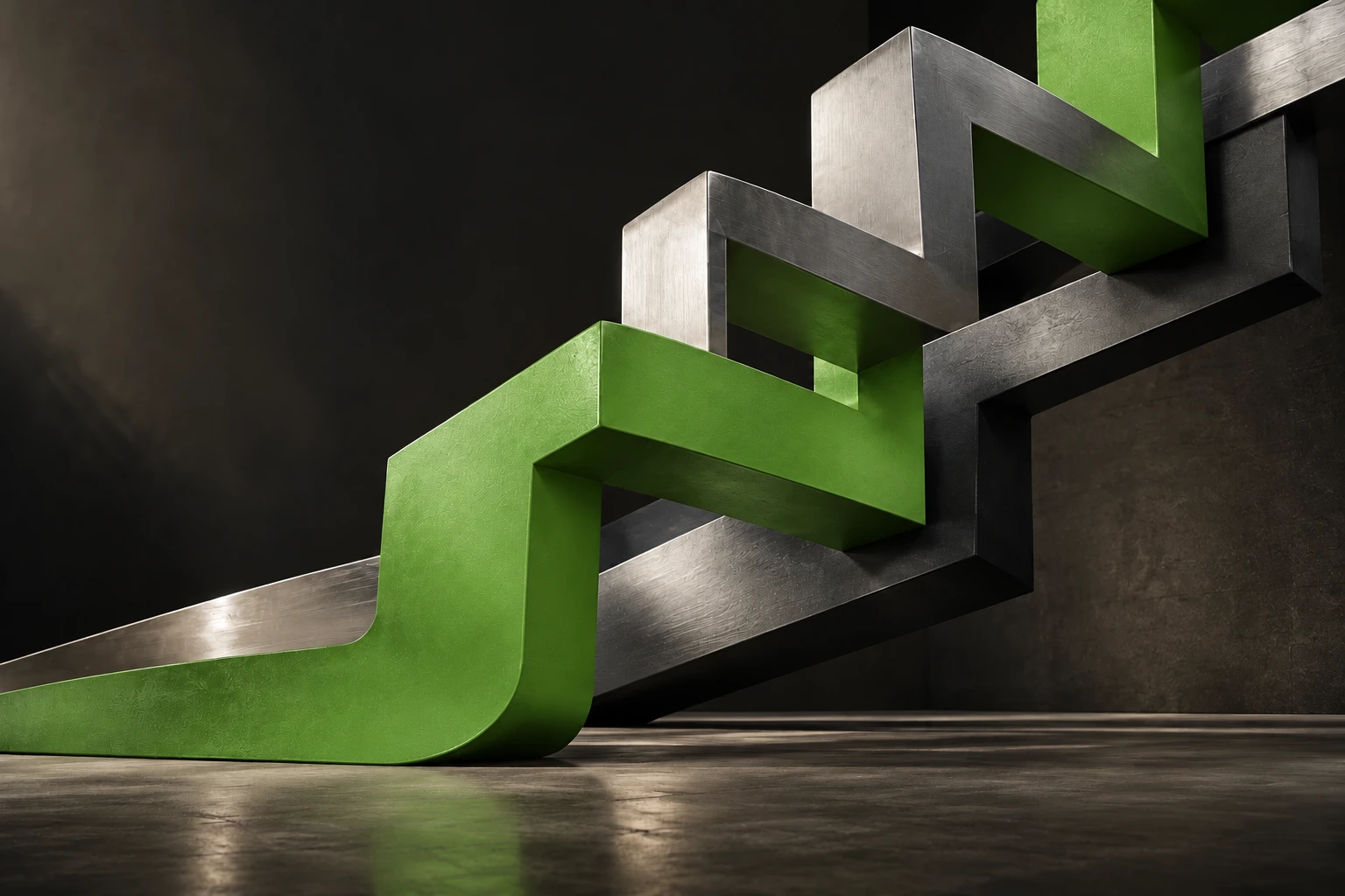 Interlocking green and brushed metal forms rising together